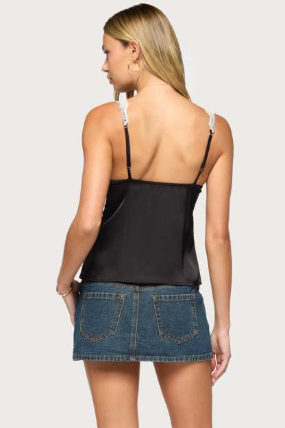 Vikkey Lacey Satin Effect Tank Top - BLACK-AND-WHITE