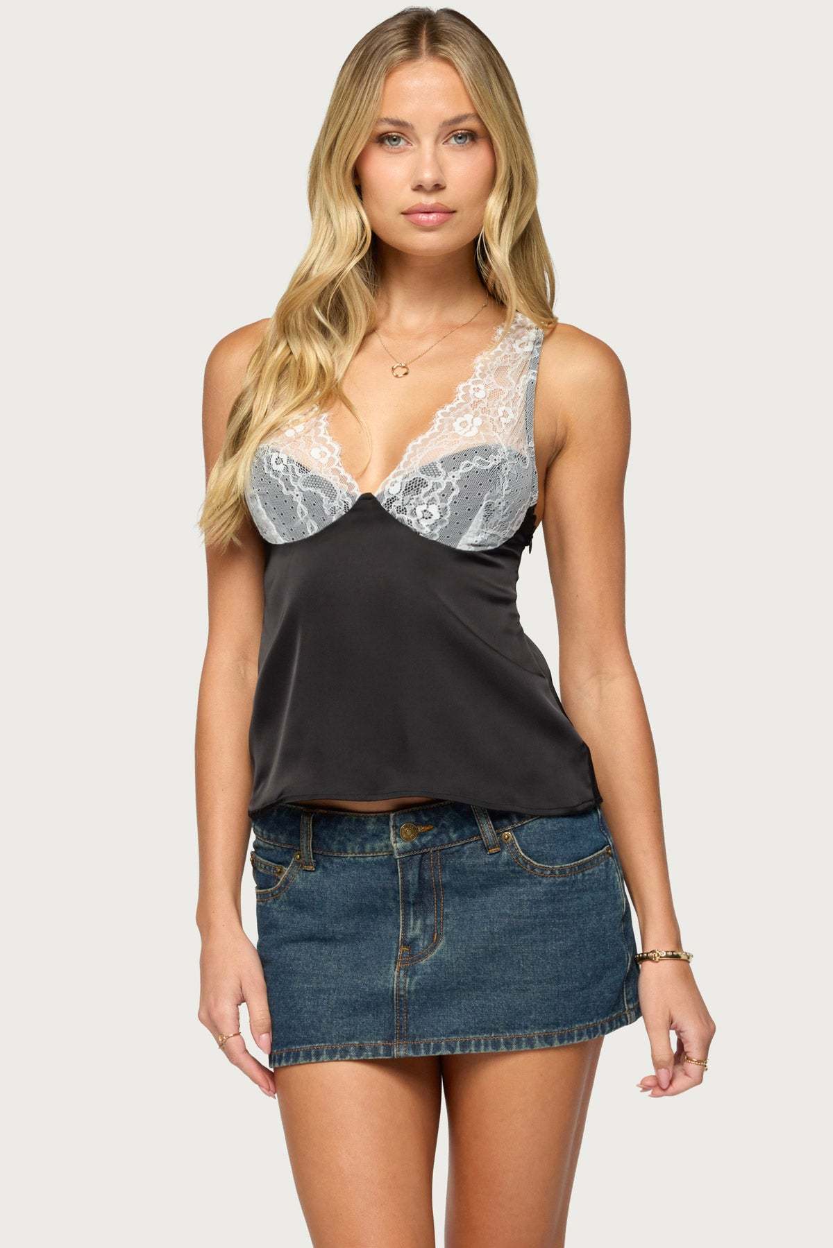Vikkey Lacey Satin Effect Tank Top - BLACK-AND-WHITE