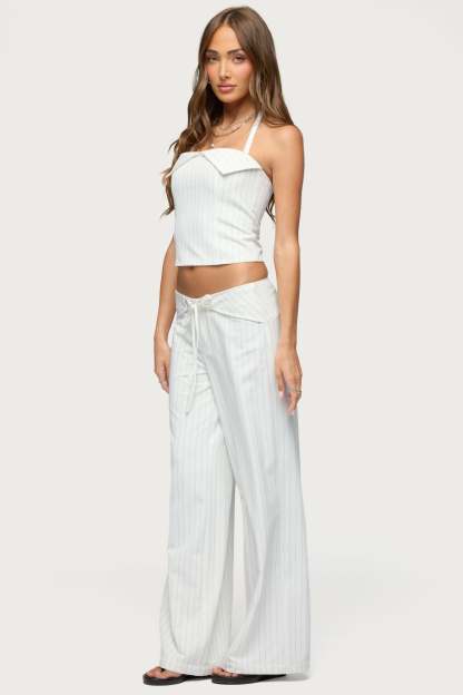 Parker Pinstripe Tie Belt Pants - WHITE