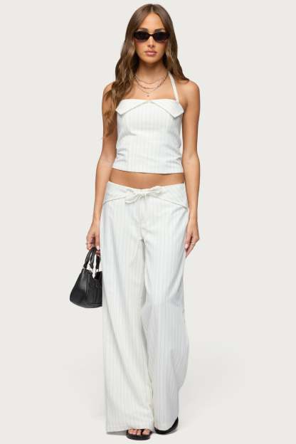 Parker Pinstripe Tie Belt Pants - WHITE
