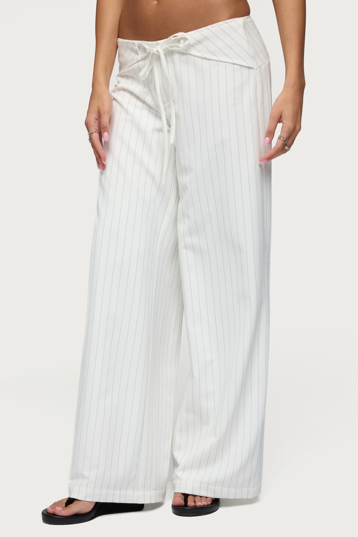Parker Pinstripe Tie Belt Pants - WHITE