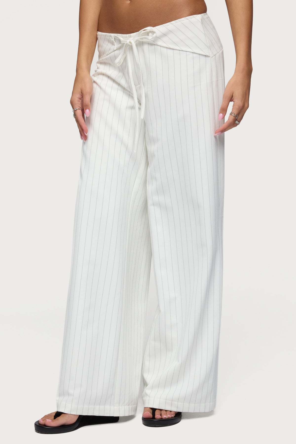 Parker Pinstripe Tie Belt Pants - WHITE
