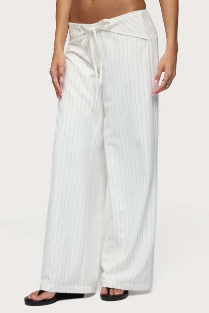 Parker Pinstripe Tie Belt Pants - WHITE