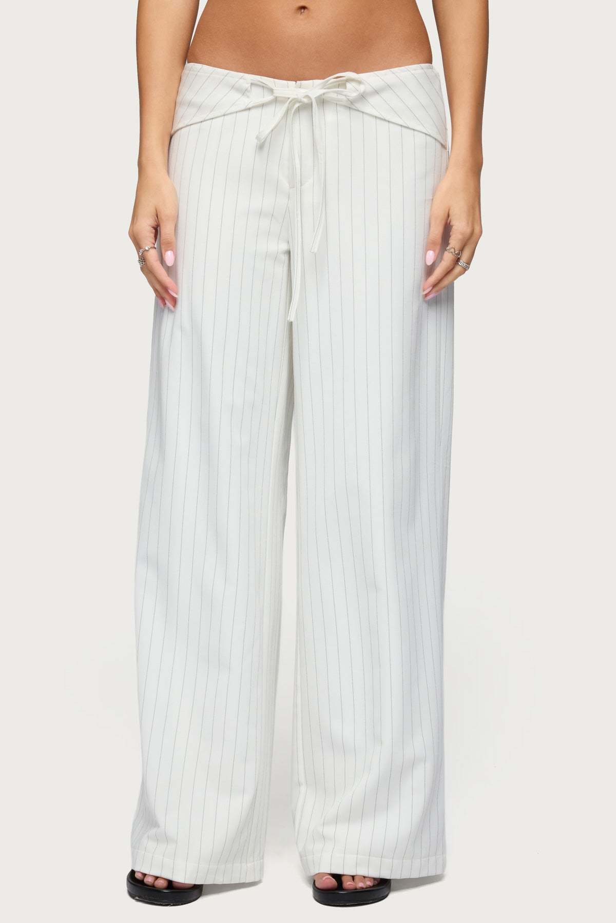 Parker Pinstripe Tie Belt Pants - WHITE
