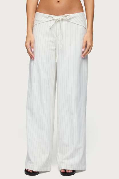 Parker Pinstripe Tie Belt Pants - WHITE