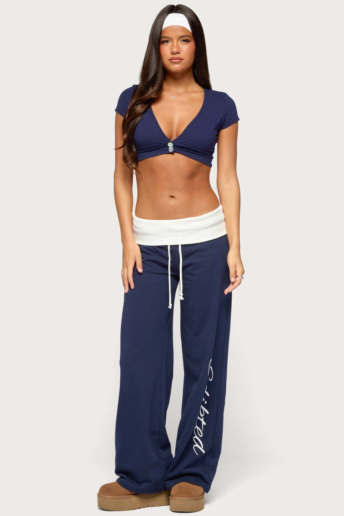 Edikted Contrast Foldover Sweatpants - NAVY