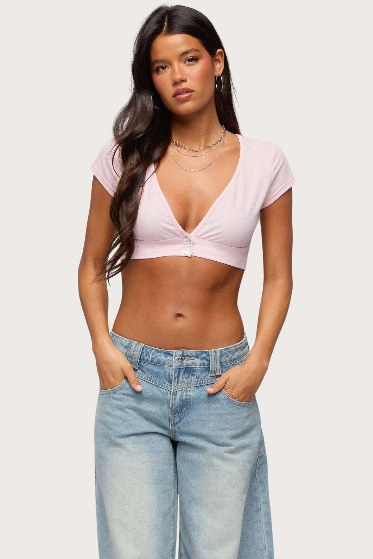Cecey Button Up Crop Top - PINK