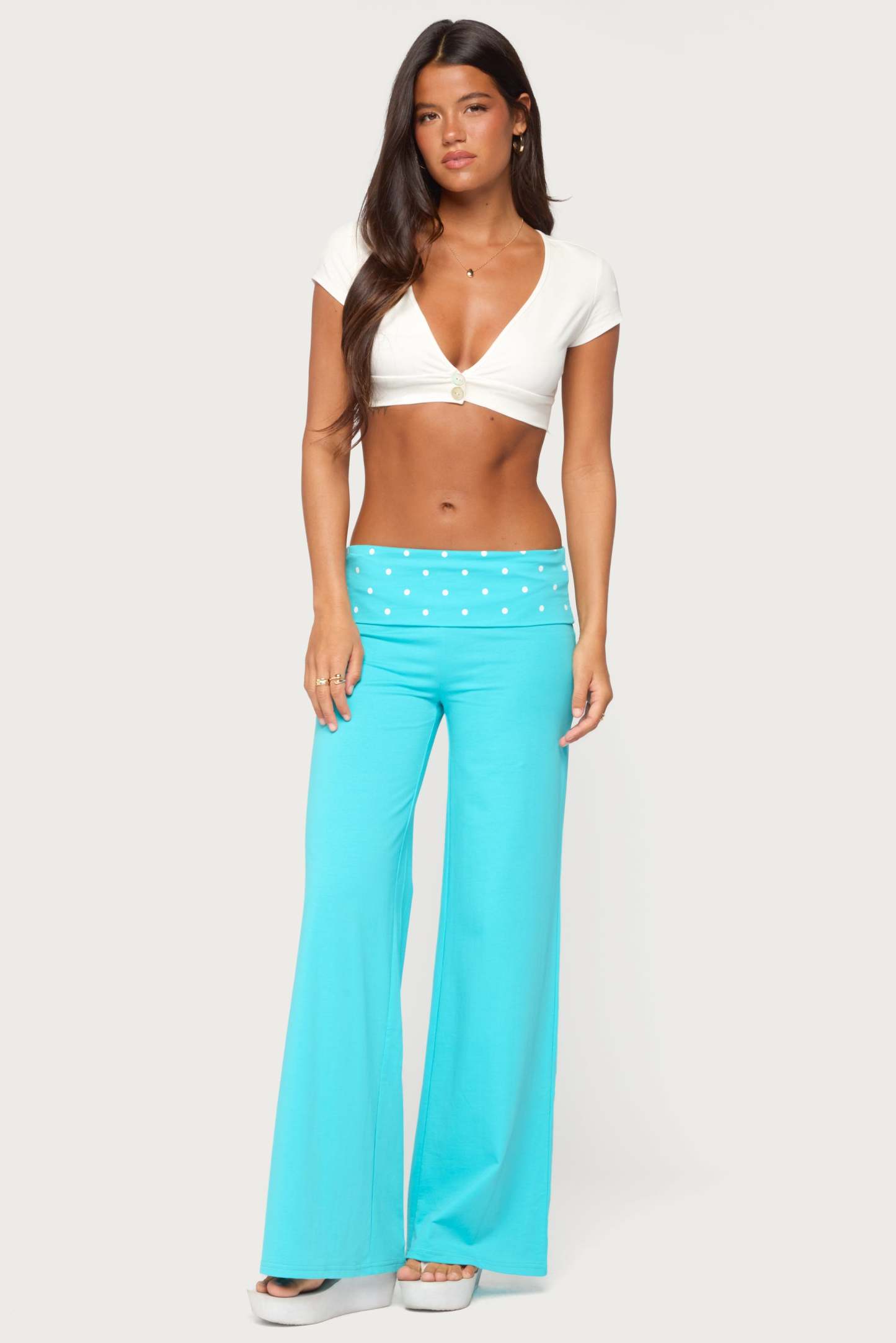 Reeva Polka Dot Foldover Pants - TURQUOISE