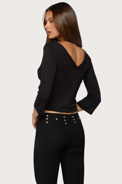 Mar V Neck Three-Quarter Sleeve Top - BLACK