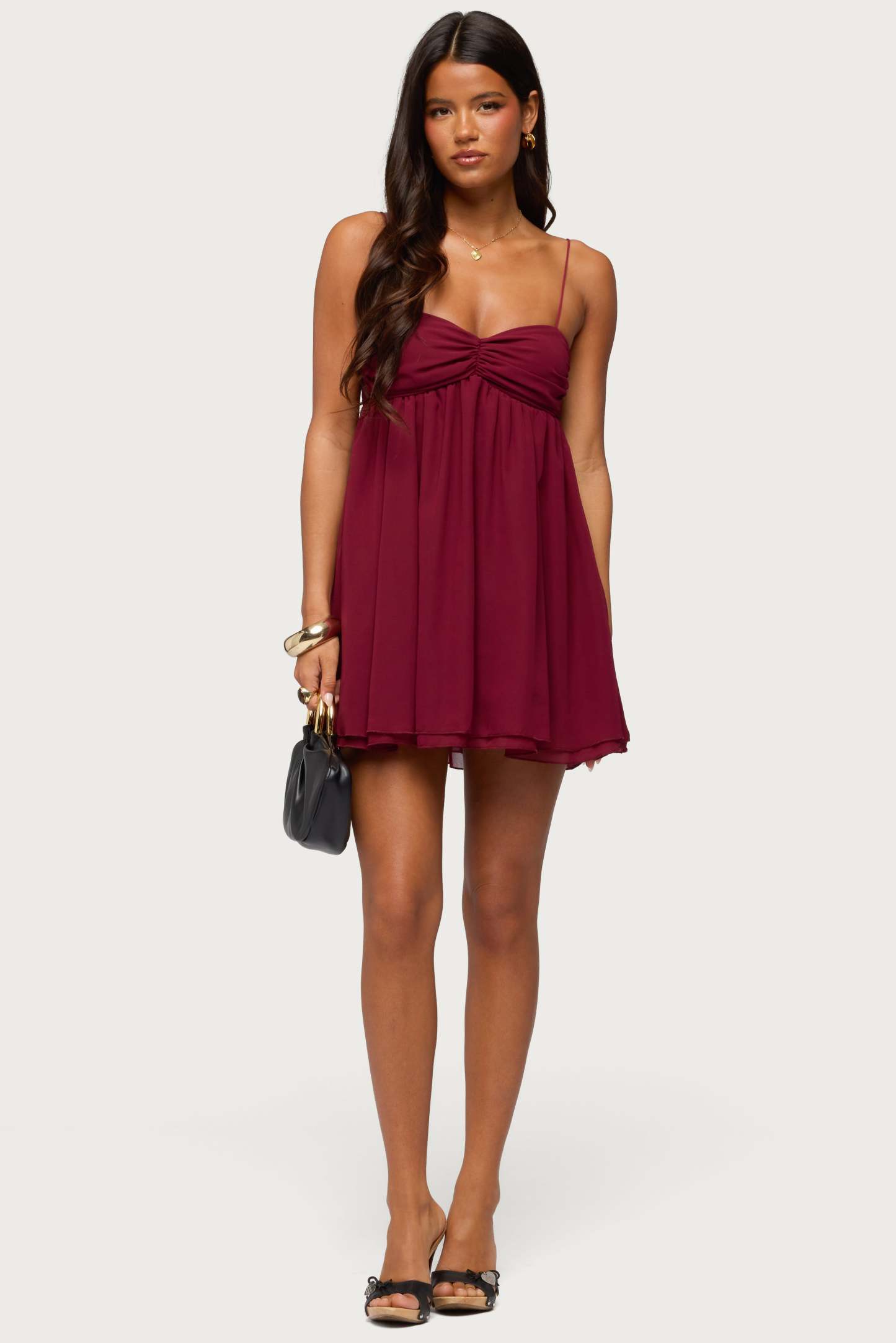 Ariellah Chiffon Babydoll Mini Dress - BURGUNDY
