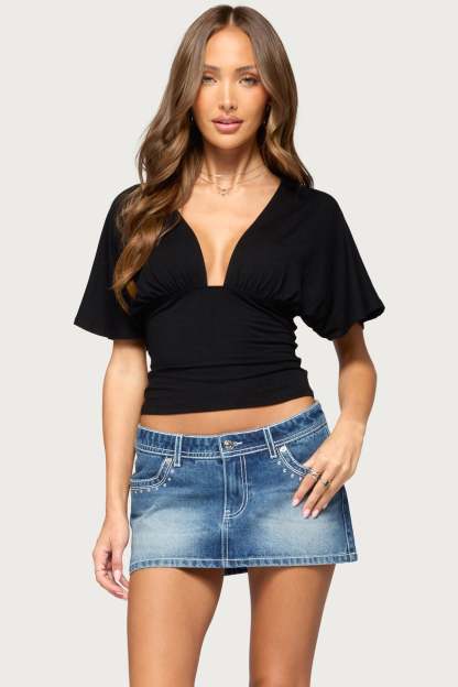 Betee Flutter Plunge Neck Top - BLACK
