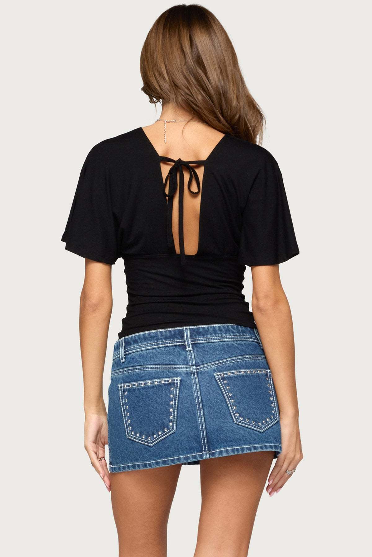 Betee Flutter Plunge Neck Top - BLACK