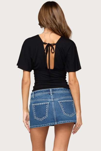 Betee Flutter Plunge Neck Top - BLACK