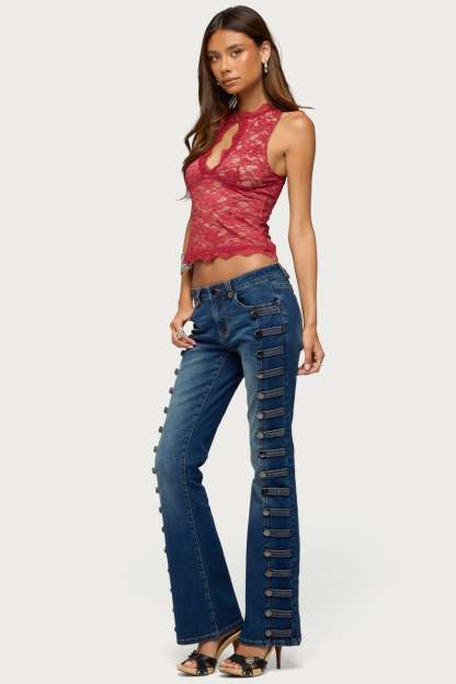 Frieda Keyhole Cutout Lace Top - BURGUNDY