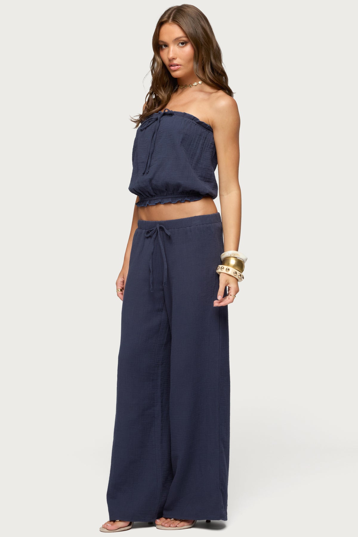 Viktoria Wide Leg Gauze Pants - NAVY