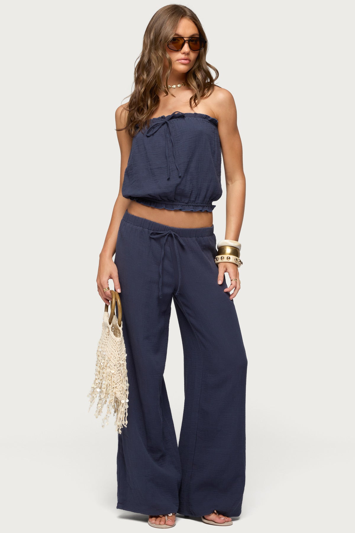Viktoria Wide Leg Gauze Pants - NAVY