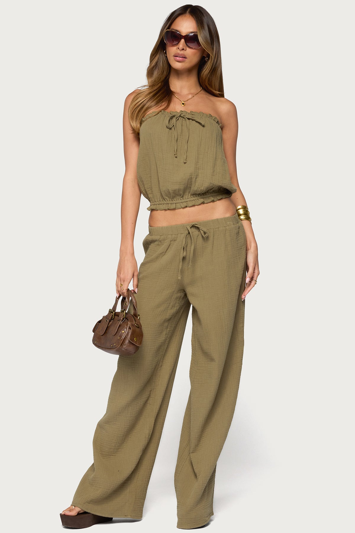 Viktoria Wide Leg Gauze Pants - OLIVE