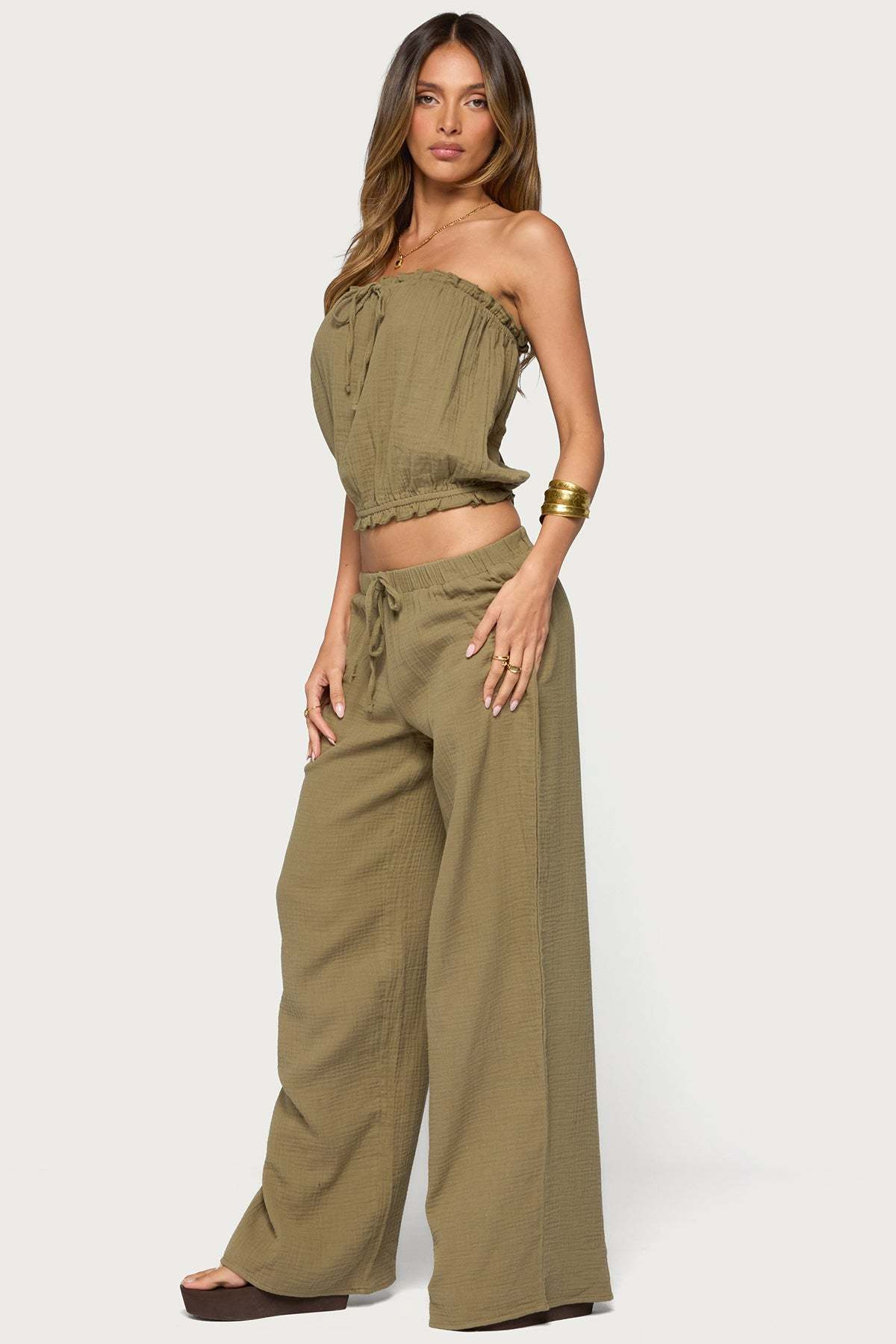 Viktoria Wide Leg Gauze Pants - OLIVE