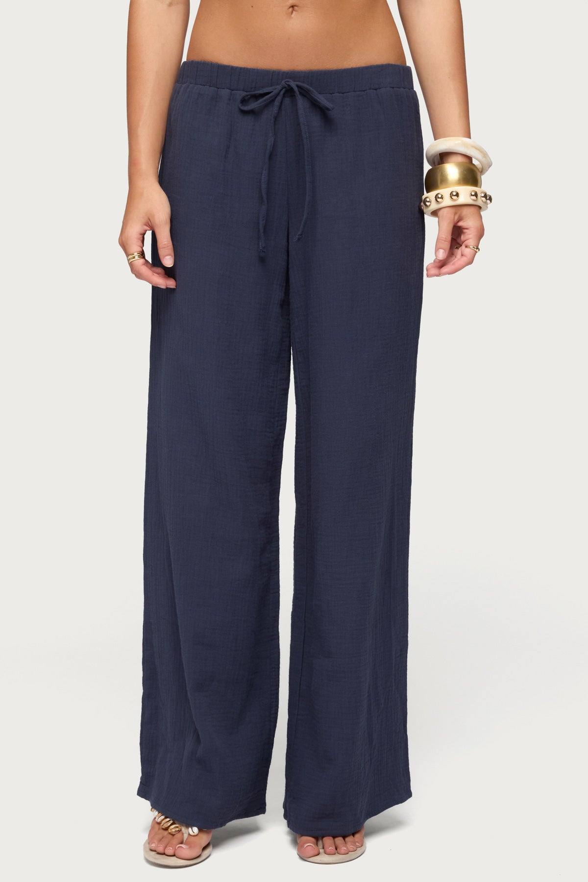 Viktoria Wide Leg Gauze Pants - NAVY