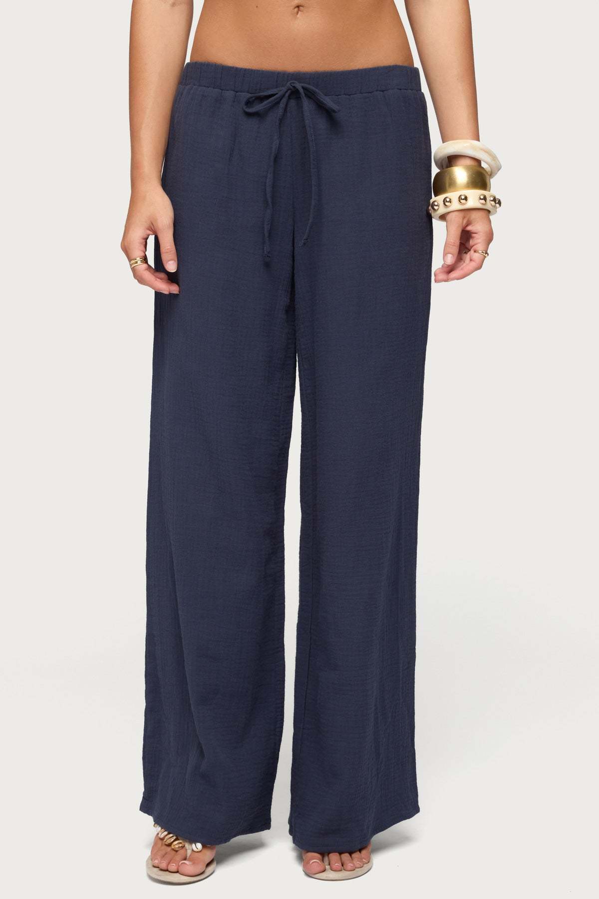 Viktoria Wide Leg Gauze Pants - NAVY