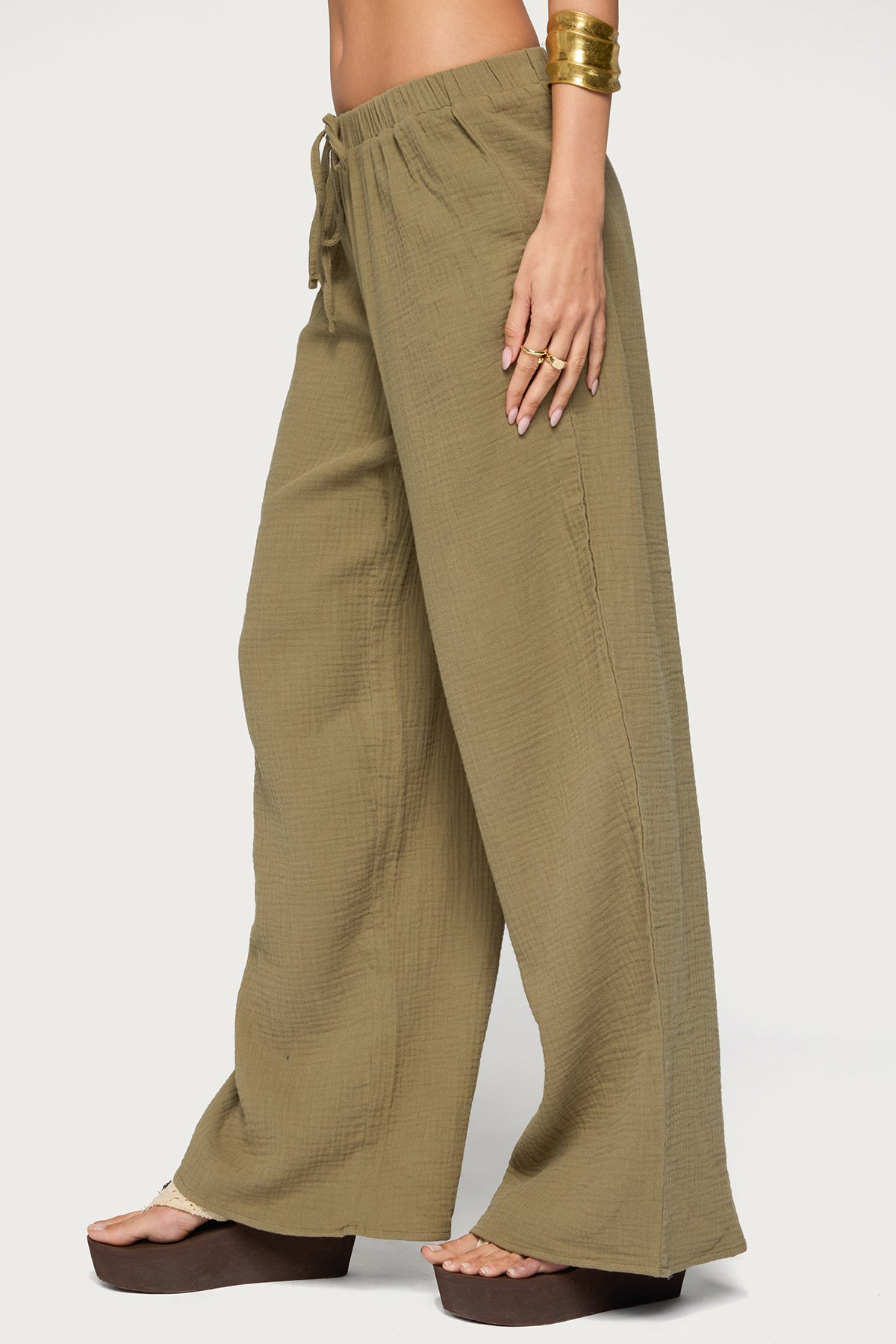Viktoria Wide Leg Gauze Pants - OLIVE
