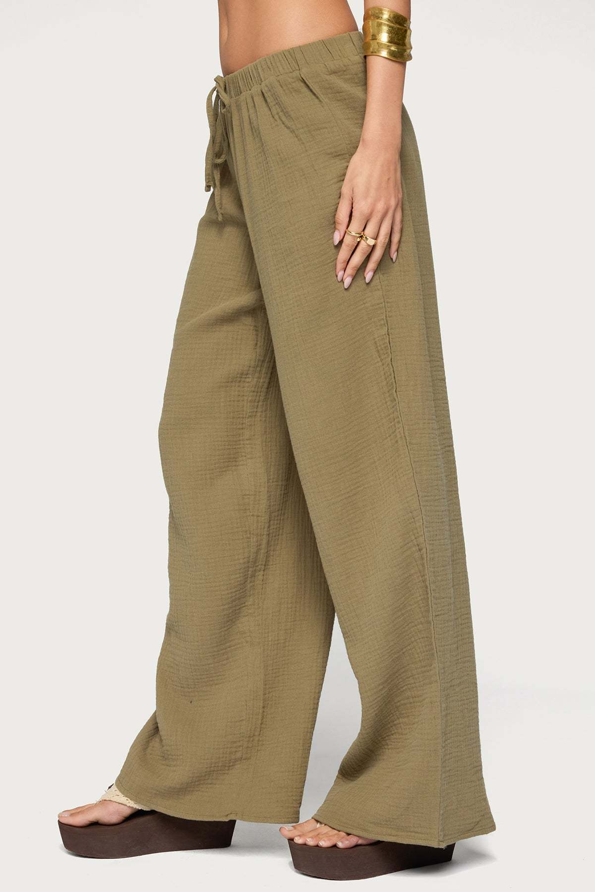 Viktoria Wide Leg Gauze Pants - OLIVE
