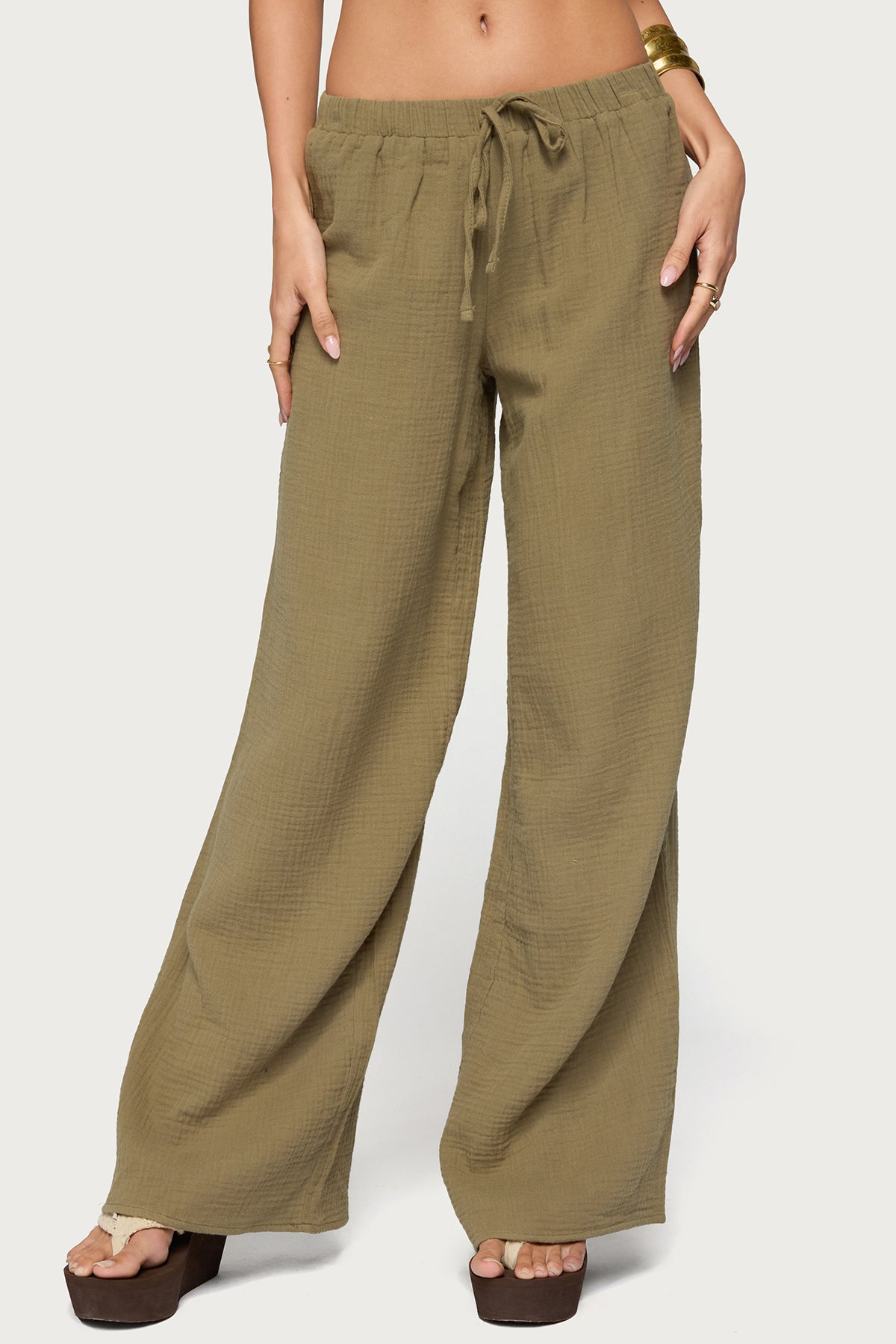 Viktoria Wide Leg Gauze Pants - OLIVE