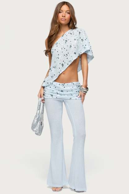 Zephyra Bead & Sequin Foldover Pants - LIGHT-BLUE