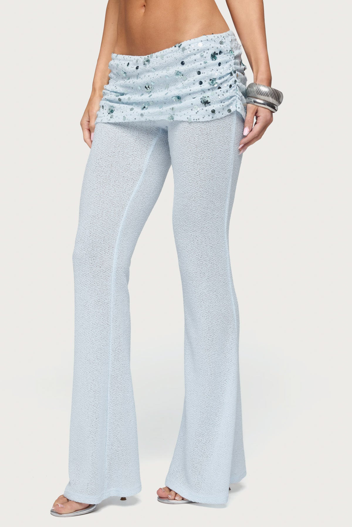 Zephyra Bead & Sequin Foldover Pants - LIGHT-BLUE