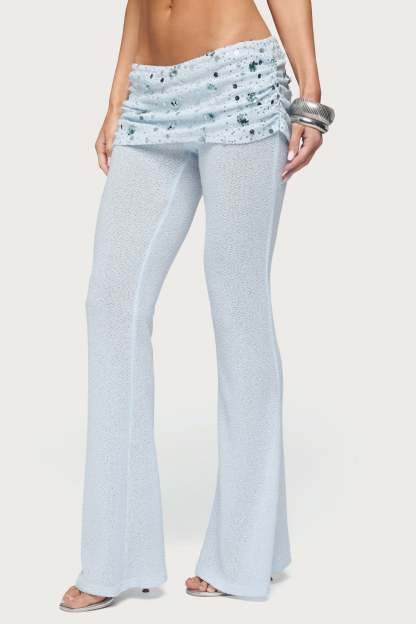 Zephyra Bead & Sequin Foldover Pants - LIGHT-BLUE