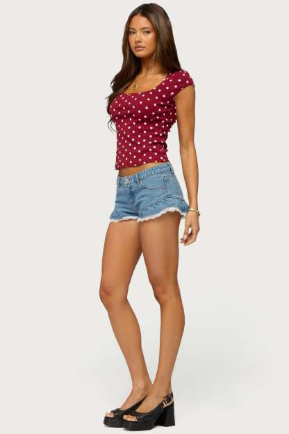 Mookie Square Neck Polka Dot Top - BURGUNDY-AND-WHITE