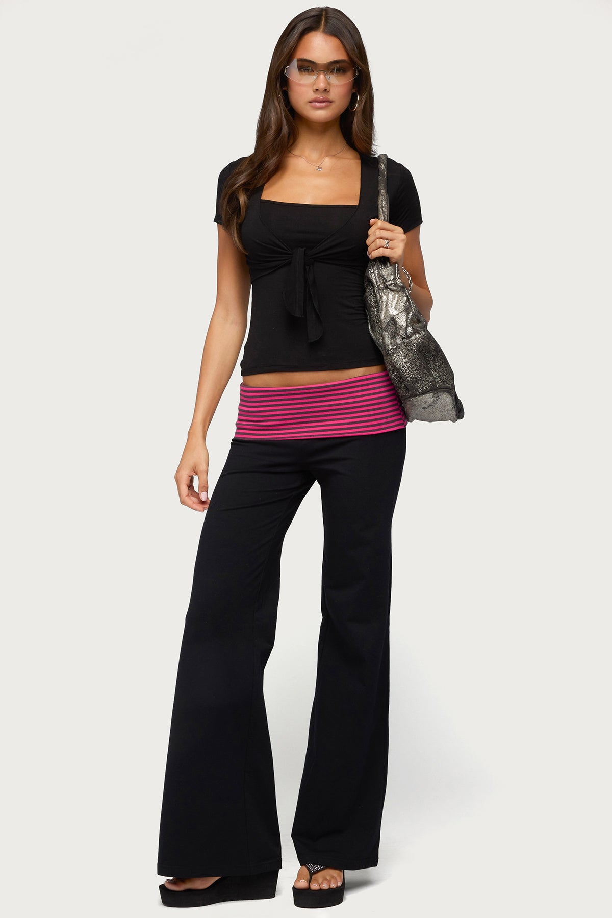 Maci Striped Foldover Pants - BLACK-AND-PINK
