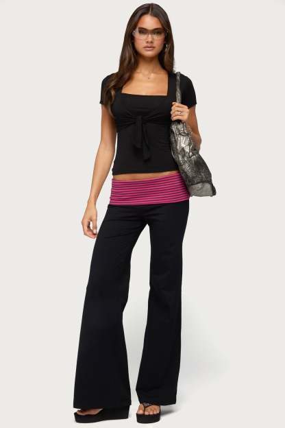 Maci Striped Foldover Pants - BLACK-AND-PINK