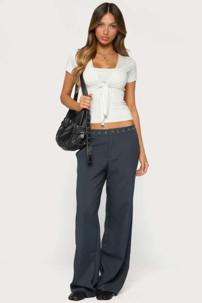 Ayve Eyelet Waist Straight Leg Pants - DARK GRAY