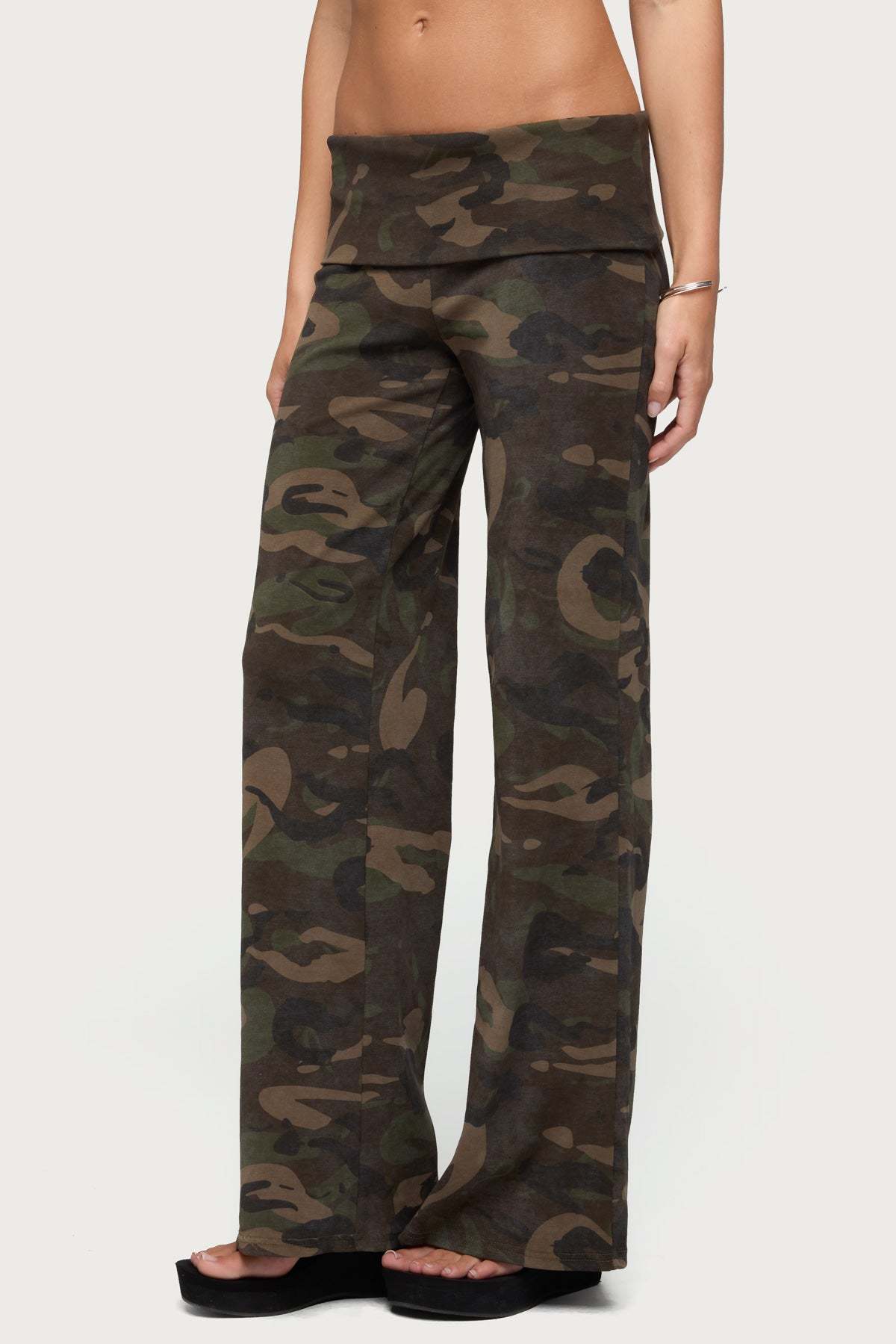 Lumielle Camo Wide Leg Foldover Pants - OLIVE