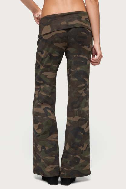 Lumielle Camo Wide Leg Foldover Pants - OLIVE