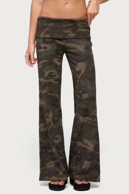 Lumielle Camo Wide Leg Foldover Pants - OLIVE