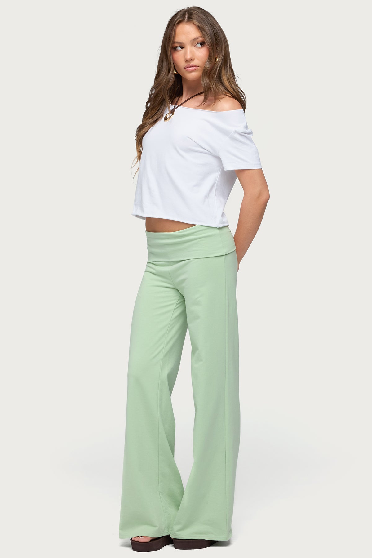 Cammy Wide Leg Foldover Pants - GREEN