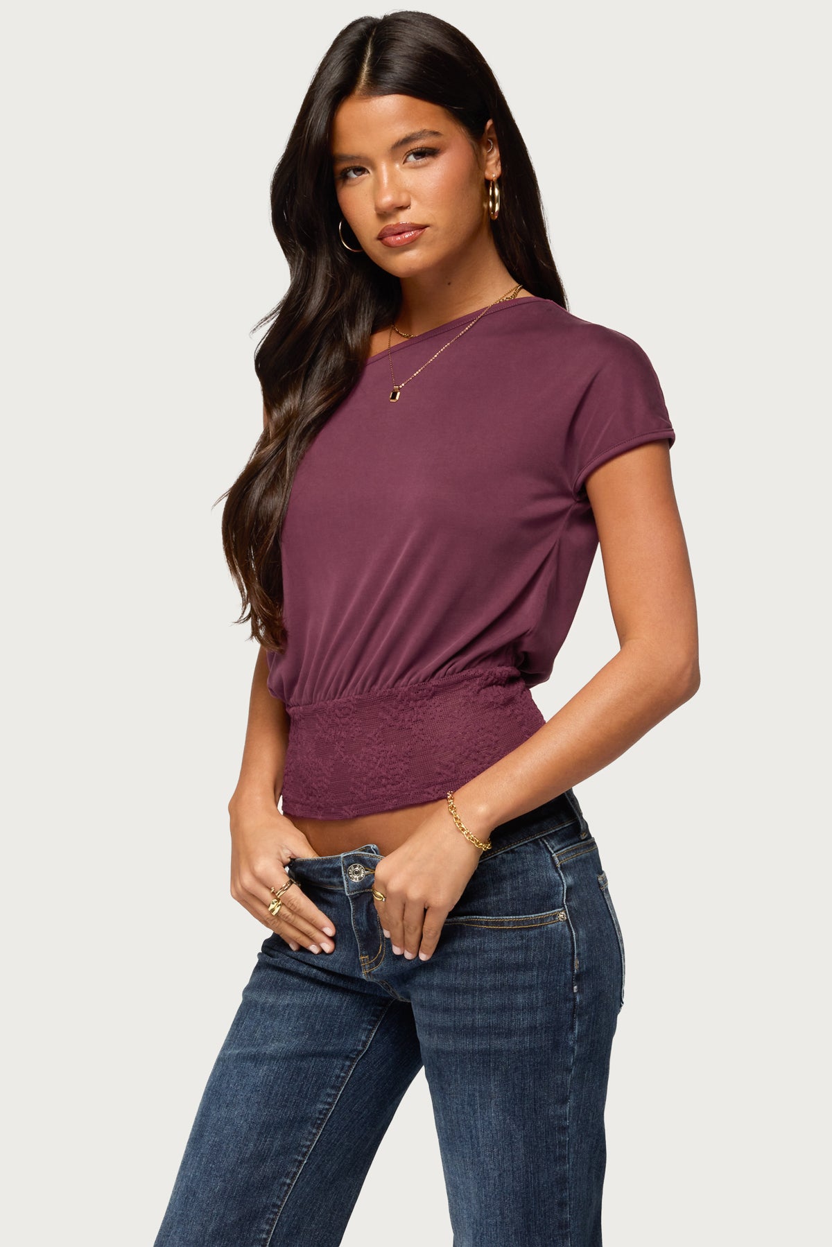 Michy Off Shoulder Lacey Top - PLUM