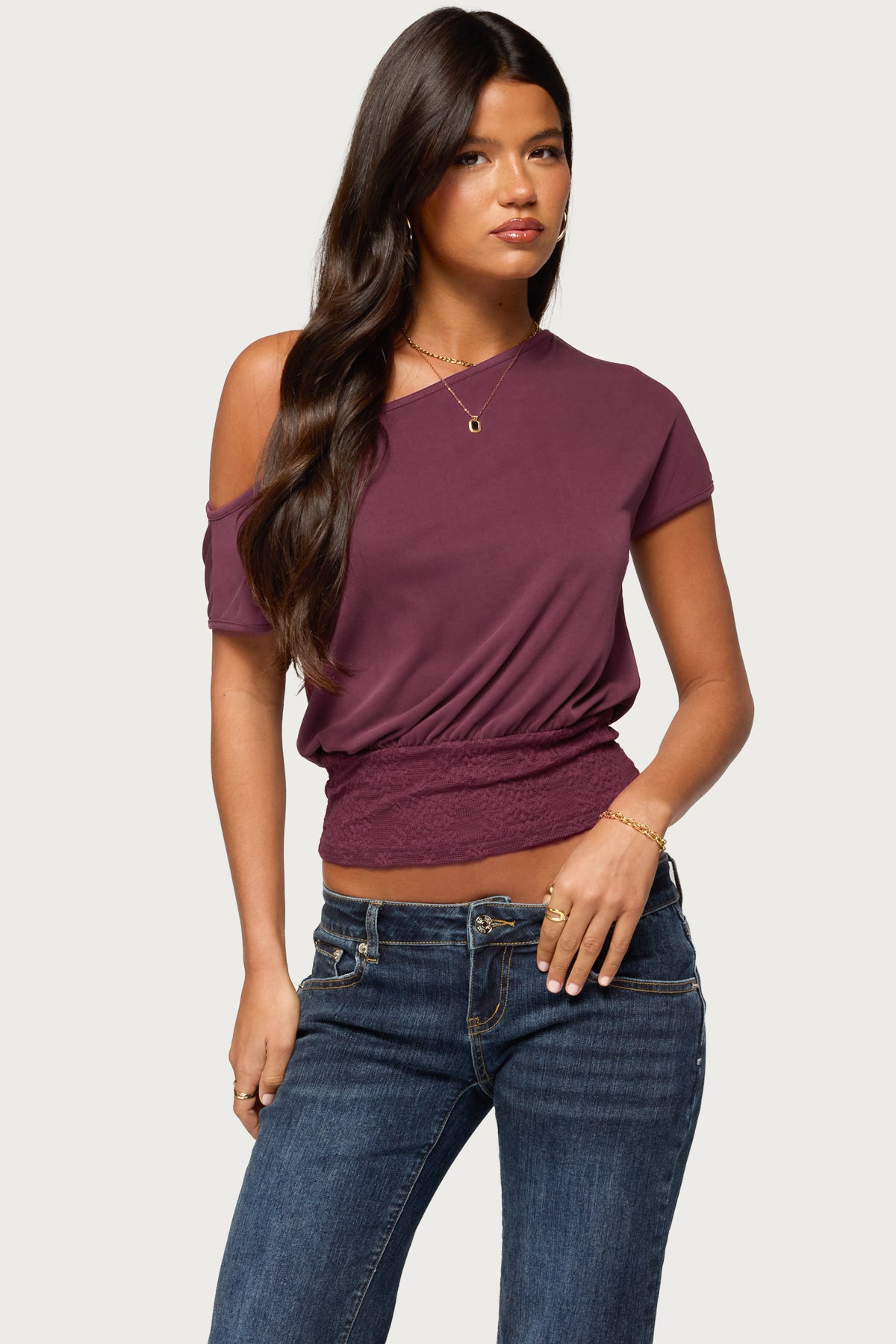 Michy Off Shoulder Lacey Top - PLUM