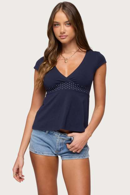 Arla Polka Dot V Neck Top - NAVY
