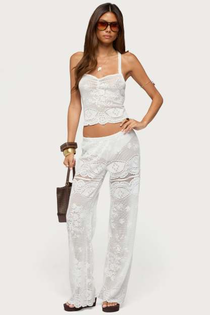 Milaya Sheer Crochet Straight Leg Pants - WHITE