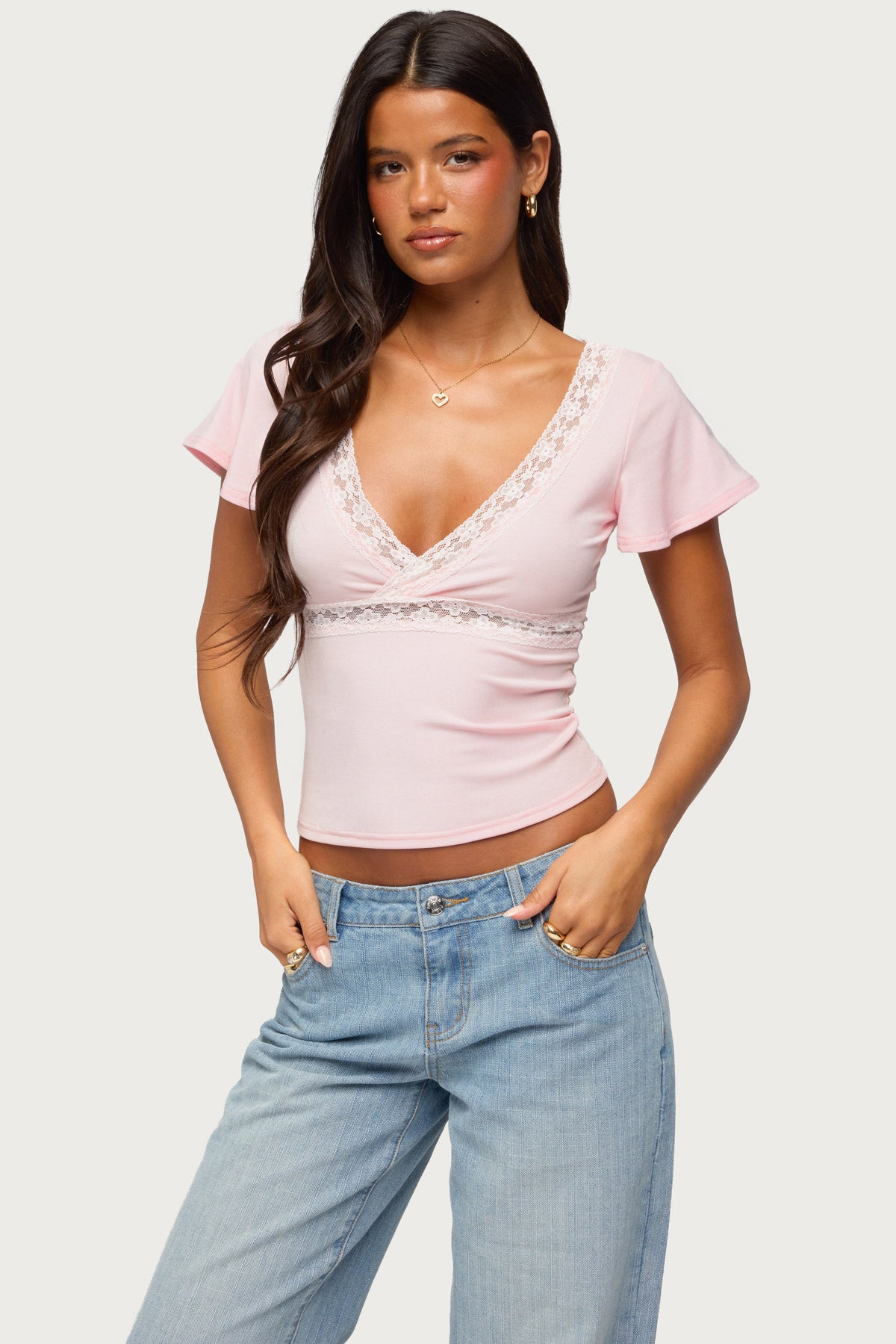 Yvetta Lacey Flutter Sleeve Top - LIGHT-PINK