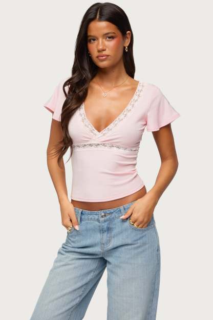 Yvetta Lacey Flutter Sleeve Top - LIGHT-PINK