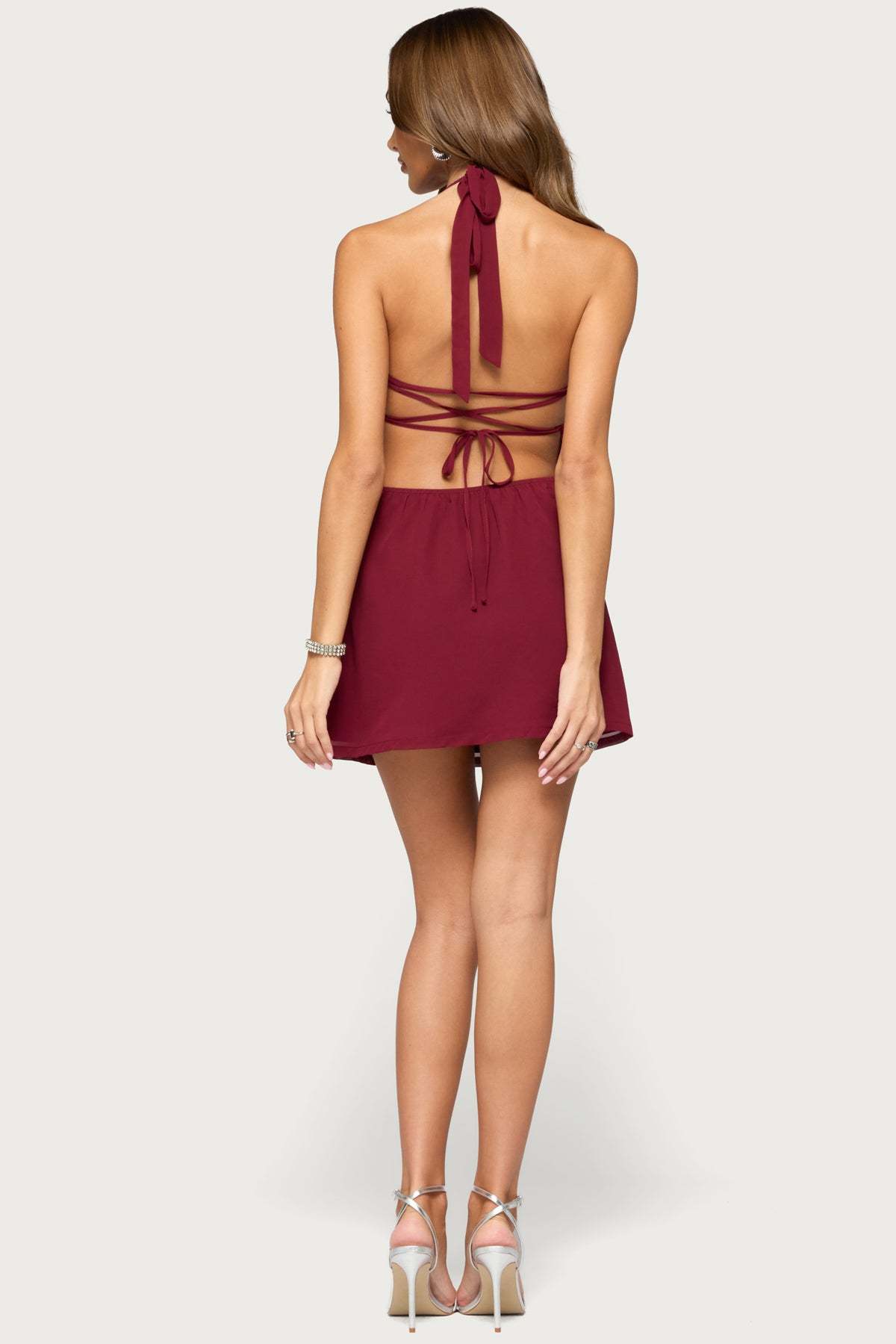 Delaina Rhinestone Chiffon Mini Dress - BURGUNDY