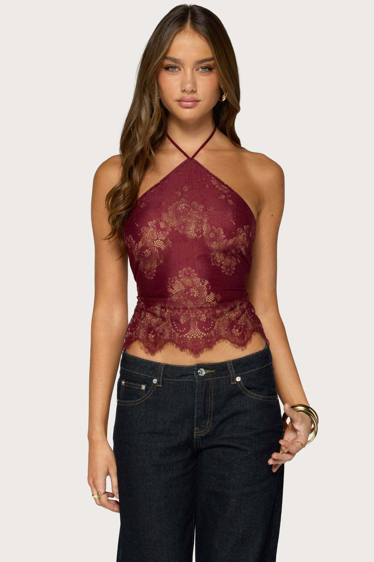 Yanitza Lace Halter Top - BURGUNDY