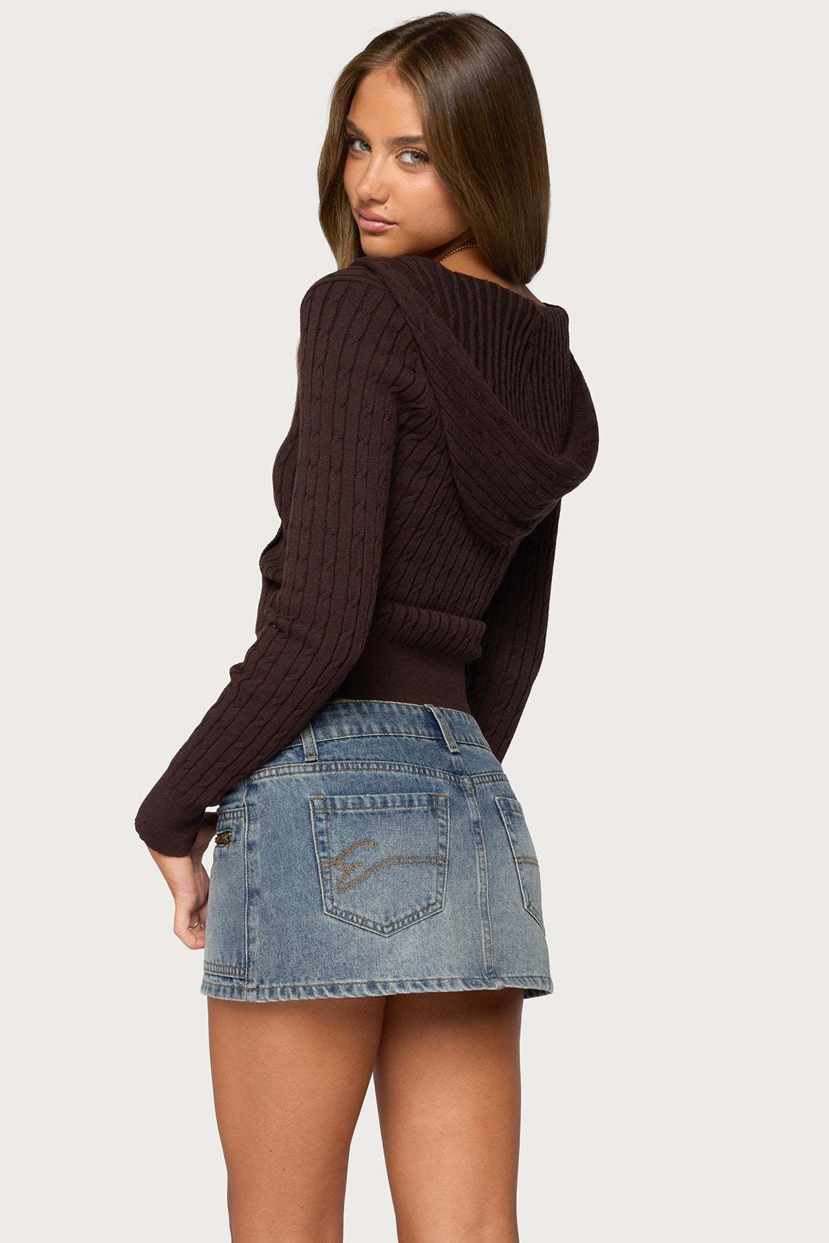 Kimani Cable Knit Hooded Sweater - BROWN