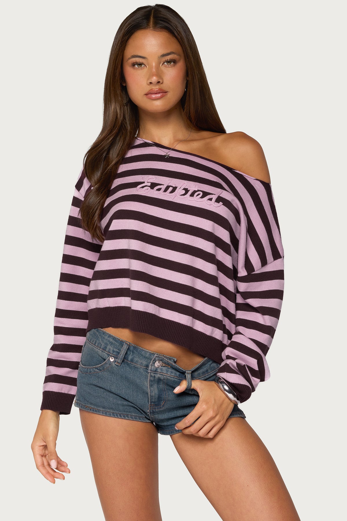 Edikted Campus Striped Knit Sweater - BURGUNDY-AND-PINK