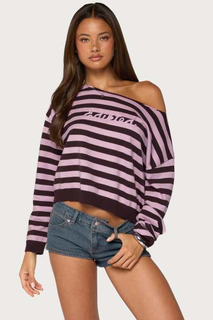Edikted Campus Striped Knit Sweater - BURGUNDY-AND-PINK