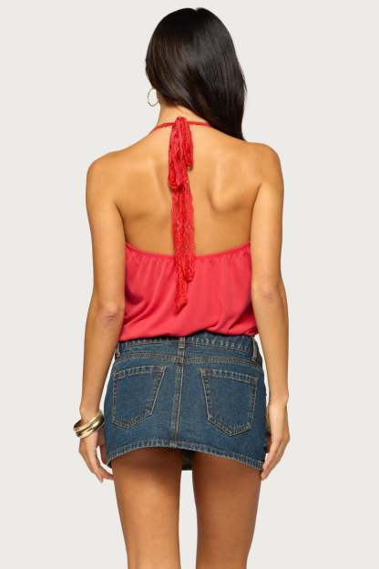 Eilen Lacey Wrap Halter Top - RED